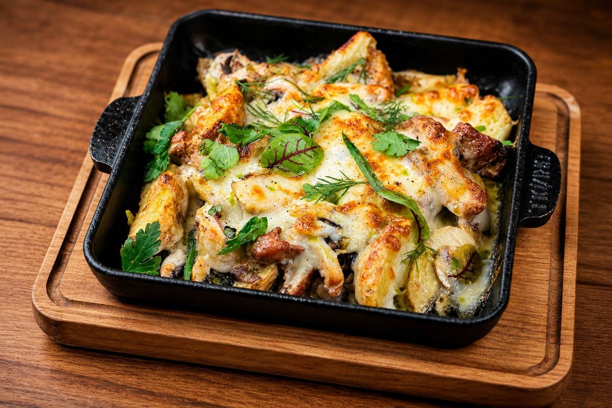 Пательня з куркою, грибами та сирною скоринкою